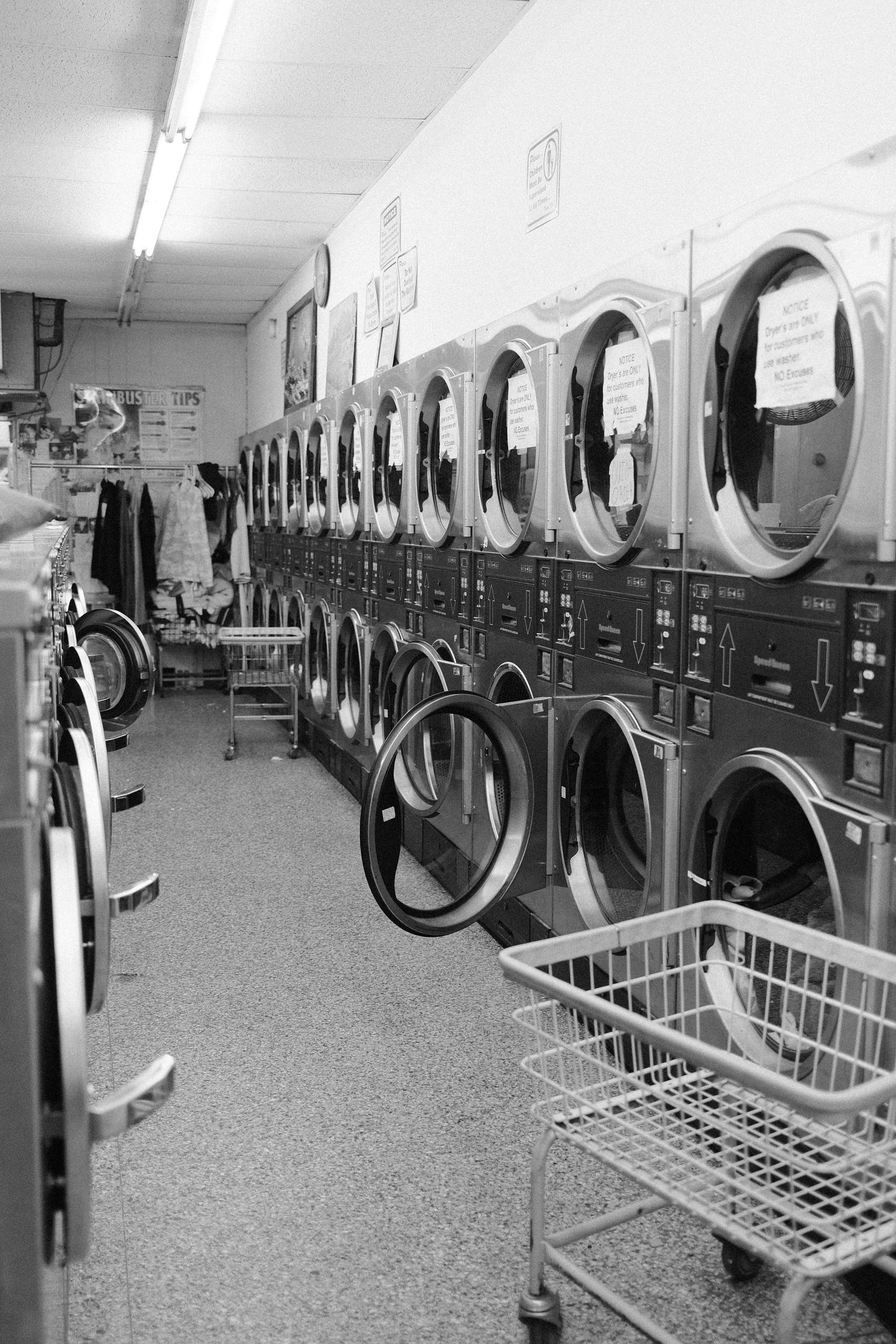 Self service laundromat - rows of washers and dryers